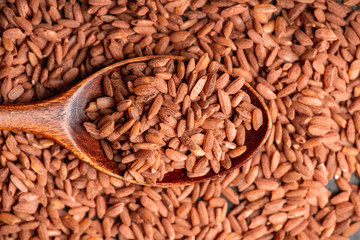 Raw red rice Dev-zira on the kitchen table. Selective focus. shallow depth of field.
