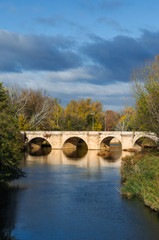 medieval stone bridge, puente mayor, crossing carrion river, palencia, spain