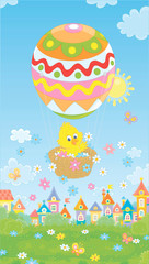 Little Easter chick flying in its holiday basket with a colorfully decorated balloon above a small toy town on a sunny spring day, vector cartoon illustration