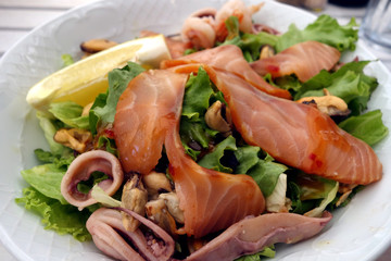 Seafood salad close-up.