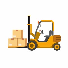 yellow forklift with package, shipment process symbol icon in flat illustration vector isolated in white background