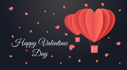 Obraz premium Happy valentine's day. Valentine luxury greeting card on a dark background. Two paper cut red heart shape origami made hot air balloons flying. Holiday romantic trip image. Love voyage tour