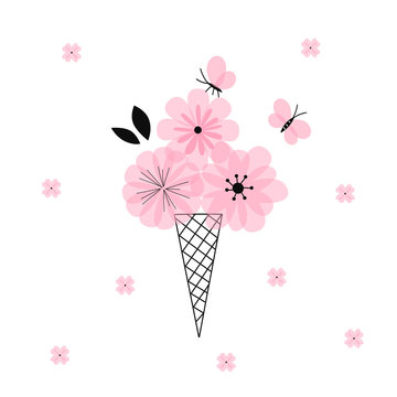 Blooming ice-cream with butterfly illustration isolated on white background. Floral sweet simple linear transparent overlapping shapes vector clip-art. Candy pink flowers in cone poster spring concept