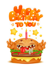 Cartoon funny burger character with candle. Happy birthday card