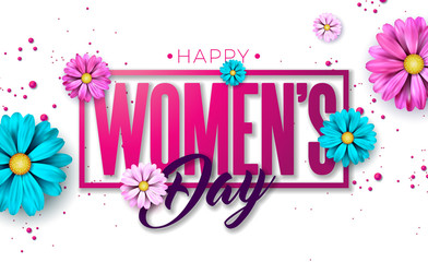 8 March. Happy Womens Day Floral Greeting card. International Holiday Illustration with Flower Design on Pink Background. Vector Spring Template.