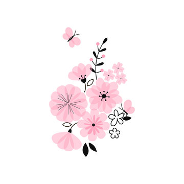 Blooming flowers with butterfly illustration isolated on white background. Floral simple linear transparent overlapping petals vector clip-art. Candy pink flowers spring concept.
