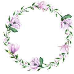 Obraz na płótnie Canvas Watercolor floral wreath with pink and lilac tropical flowers magnolias, green leaves, gold elements. Wedding invitations, greeting cards