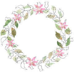 Watercolor floral wreath with pink and lilac tropical flowers magnolias, green leaves, gold elements. Wedding invitations, greeting cards
