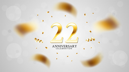 22nd anniversary celebration with gold color and white background bokeh effects and sparkling confetti. modern elegant design can be used for a wedding or company. editable vector EPS 10