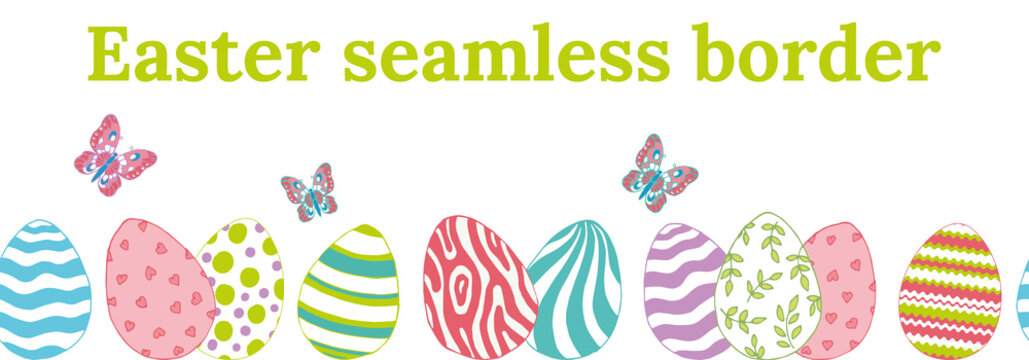 Beautiful colored seamless border for Easter with eggs and butterflies.