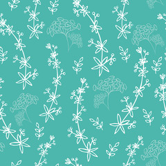 Seamless spring handdraw background with herbs. Line art style