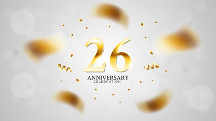 26th anniversary celebration with gold color and white background bokeh effects and sparkling confetti. modern elegant design can be used for a wedding or company. editable vector EPS 10