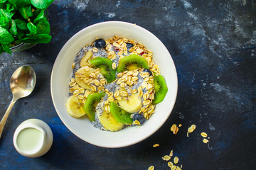 healthy food smoothie bowl, oatmeal, chia seeds and berries (breakfast dish or healthy snack) menu concept. background. top view. copy space