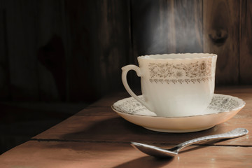 white luxury coffee cup set and interior design with beautiful vintage dark old wooden wall