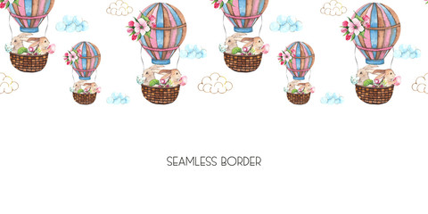 Watercolor Easter seamless border with Easter bunnies, eggs, basket, balloon, car, flags, delicate pink Apple blossoms, branches, leaves and twigs