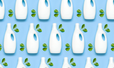Seamless Pattern of White plastic packaging of laundry detergent, liquid powder, washing...