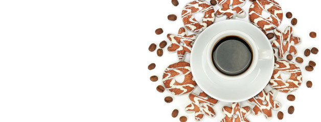 Cup with coffee, beans coffee and gingerbread cookies isolated on white . Flat lay, top view. Free space for text. Wide photo.