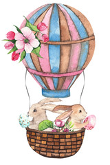 Watercolor Easter composition with  Easter bunnies, eggs, basket, balloon, car, flags, delicate pink Apple blossoms, branches, leaves and twigs