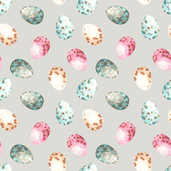 Watercolor Easter seamless pattern with Easter bunnies, eggs, basket, balloon, car, flags, delicate pink Apple blossoms, branches, leaves and twigs