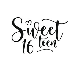 Sweet 16teen. Happy Birthday lettering sign. Design elements for postcard, poster, graphic, flyer. Simple vector brush calligraphy. Stock illustration Isolated on white background. - obrazy, fototapety, plakaty