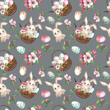 Watercolor Easter Seamless Pattern With Easter Bunnies, Eggs, Basket, Balloon, Car, Flags, Delicate Pink Apple Blossoms, Branches, Leaves And Twigs