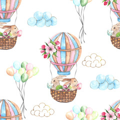 Watercolor Easter seamless pattern with Easter bunnies, eggs, basket, balloon, car, flags, delicate pink Apple blossoms, branches, leaves and twigs