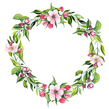 Watercolor Easter floral wreath with colored eggs, delicate pink Apple blossoms, branches, leaves and twigs