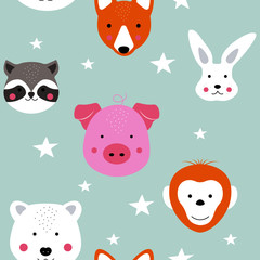 Animal seamless pattern. Cute childish funny animals faces in scandinavian style. Baby isolated texture, vector illustration for fabric, wrapping, textile, wallpaper, apparel