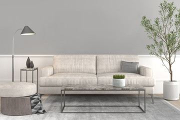 Interior design setup, modern elegant living-room with leather couch and puff, coffe table, lamp, plant on a pot and some decoration props on grey empty wall for mock up 3d render.