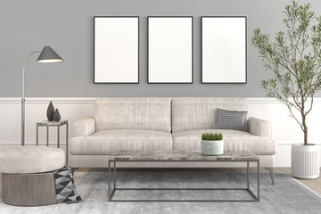 Interior design setup, modern elegant living-room with leather couch and puff, coffe table, lamp, plant on a pot and some decoration props on grey wall and three frame canvas for mock up 3d render.