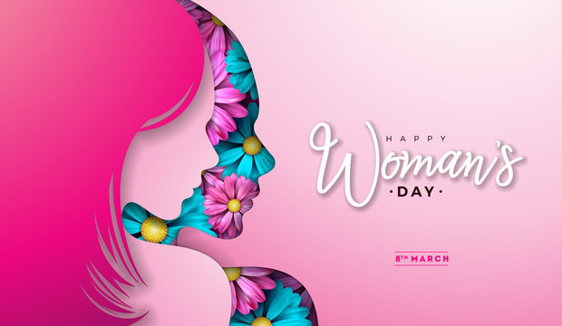 8 March. Womens Day Greeting Card Design with Young Woman Silhouette and Flower. International Female Holiday Illustration with Typography Letter on Pink Background. Vector Calebration Template.