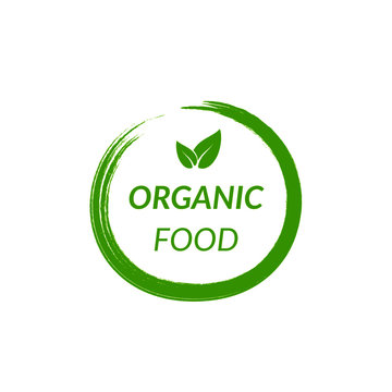 Organic vegan food logo. Eco friendly product green bio line grunge icon. Vegetarian healthy food symbol isolated on white background, vector illustration