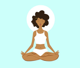 Obraz na płótnie Canvas Black young woman, practicing yoga in the lotus pose. Healthy lifestyle and wellness concept. Flat cartoon vector illustration for meditation, recreation, Yoga Day. Isolated on light blue background