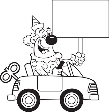 Black and white illustration of a clown driving a toy car while holding a sign.