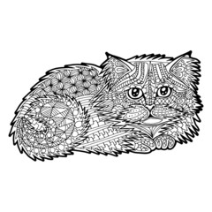 Illustration with hand drawn cat with doodles. Drawing for coloring book. Hand Drawn zentangle.