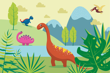 Fototapeta na wymiar Cartoon dinosaurs on background of mountains, river, tropical leaves. Landscape of prehistoric time. animal illustration background