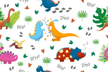 Cute cartoon dinosaurs and tropical leaves on white background. Seamless pattern. Background for textiles, bedding, curtains, cards
