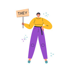 Three young people standing together.Inscription she,he,they.Gender-neutral movement.Teenager without gender stereotypes.Flat cartoon character on white background.Colorful vector illustration
