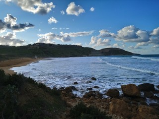rosky beach on the Gozo island of Malta state, Ramla beach, touristic destination