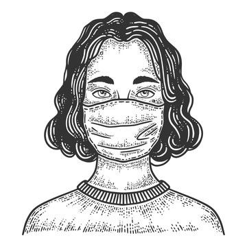 Young woman in medical surgical mask sketch engraving vector illustration. T-shirt apparel print design. Scratch board imitation. Black and white hand drawn image.