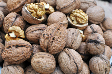 Walnuts are in a pile