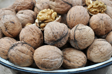 Walnuts are in a pile