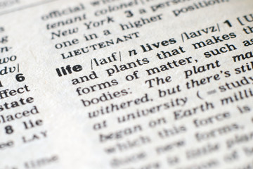 A close-up on a word Life in English dictionary (selective focus)