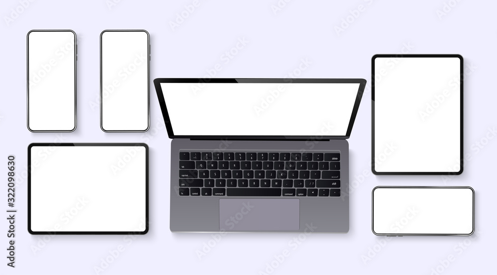 Poster vector minimalistic illustration set device. smartphone, laptop, tablet, top view. mockup generic de