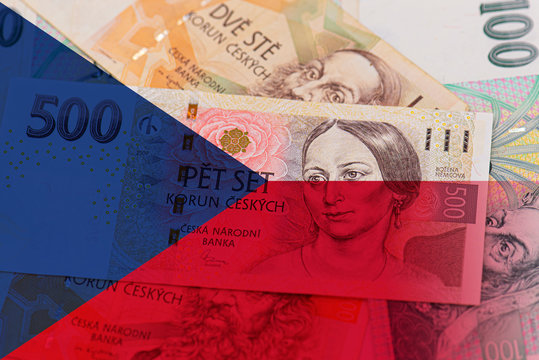 Czech Money , 500, 200, 100 Czech korun banknotes and Czech Flag, concept Picture - Powered by Adobe