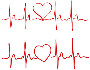 Heart pulse continuous line drawn by hand in red color. Love concept. Heartbeat cardiogram, medical background. Digital painting doodle style in vector EPS 10