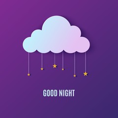 Night sky in paper cut style. Cut out 3d background with violet and blue gradient cloud and stars on rope papercut art. Cute origami cloudscape. Vector good night sweet dreams card template.