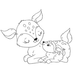 Coloring page with cute deer, mother and baby
