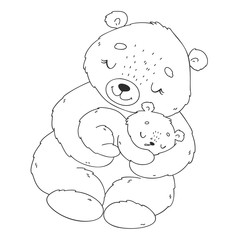 Coloring page with cute bear. Mother and baby bears