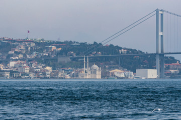 Panorama of the foggy coast of Istanbul from the Bosphorus.